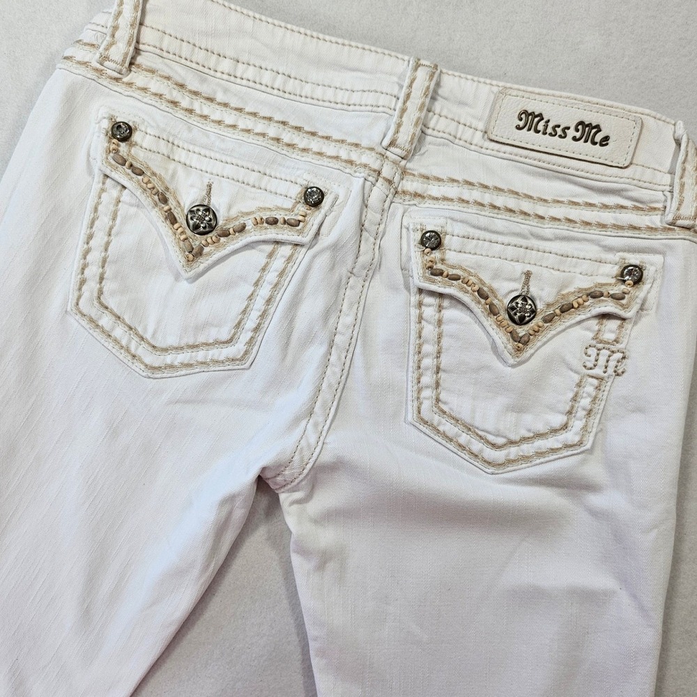 Miss Me White Denim Skinny Jeans Beaded Pocket Embellished Y2K Boho Low Rise 27